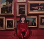  1girl art_gallery black_hair expressionless highres indoors long_hair looking_at_viewer original oversized_clothes own_hands_together picture_(object) picture_frame red_eyes red_sweater solo standing sweater takagaki_eru upper_body 