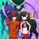  2girls absurdres bare_arms black_choker black_hair calyrex choker closed_mouth commentary_request dynamax_band expedition_uniform eyelashes gloria_(pokemon) gloves green_eyes hair_ribbon hand_on_headwear hand_on_own_hip helmet highres jacket leggings marnie_(pokemon) midriff morpeko morpeko_(full) multiple_girls navel orange_jacket orange_pants pants pokemon pokemon_(creature) pokemon_(game) pokemon_swsh ribbon smile spectrier sports_bra twintails yuu_(jgvj7873) 