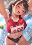  1girl armpits bent_over black_hair blush bottle breasts buruma closed_eyes highres kase_daiki large_breasts navel open_mouth original ponytail red_sports_bra short_hair solo sports_bra steam steaming_body sweat tan tanlines thighs tongue water_bottle wet 