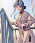  1girl bag blue_eyes blue_hair blue_sky cloud cowboy_shot dawn_1945 dress dutch_angle gotland_(kancolle) grey_dress grey_jacket hair_bun highres jacket kantai_collection looking_at_viewer official_alternate_costume railing shoulder_bag sidelocks sky solo 