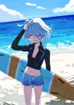 1girl alternate_costume beach blue_hair blue_shorts blue_sky breasts closed_eyes cloud cowboy_shot cowlick crop_top furina_(genshin_impact) genshin_impact groin hand_on_own_head hand_up highres holding holding_surfboard horizon light_blue_hair navel ocean open_mouth partially_unzipped rash_guard redc short_hair short_shorts shorts sidelocks sky small_breasts solo surfboard wavy_hair wet wet_clothes 