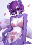 anthro arm_tuft bra breasts cheek_tuft closed_smile clothed clothing elbow_tuft facial_markings facial_tuft female front_view fur green_eyes hair head_markings hi_res lingerie looking_at_viewer markings mask_(marking) mouth_closed nipples panties pinup pose purple_body purple_fur purple_hair shermugi shoulder_tuft simple_background skimpy slight_smile solo tuft underwear white_background white_body white_breasts white_fur 