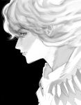  1boy absurdres berserk cape commentary greyscale griffith_(berserk) highres long_hair male_focus monochrome portrait profile simple_background solo wavy_hair xyanaid 