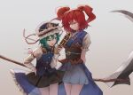  2girls black_skirt blue_eyes blue_jacket blue_skirt green_hair grey_background holding holding_scythe huge_weapon jacket long_sleeves maachi_(fsam4547) multiple_girls onozuka_komachi red_eyes red_hair rod_of_remorse scythe shiki_eiki shirt skirt touhou weapon white_shirt 