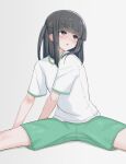  1girl :o black_hair blue_eyes blunt_bangs blush breasts gym_uniform highres looking_up mustee one_side_up original raised_eyebrows shirt short_shorts short_sleeves shorts simple_background sitting small_breasts solo spread_legs t-shirt white_background 