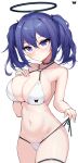  1girl alternate_breast_size alternate_costume alternate_hairstyle bikini bikini_pull black_choker black_ribbon blue_archive blue_eyes blue_hair blush breasts choker cleavage clothes_pull hair_ribbon halo hand_on_own_chest highres large_breasts long_hair looking_at_viewer o-ring o-ring_bikini purerin ribbon simple_background solo star_sticker sticker_on_face swimsuit thigh_strap twintails white_background white_bikini yuuka_(blue_archive) 