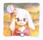  1other :3 ambiguous_gender analog_clock animal_ears animal_nose blush_stickers body_fur border borrowed_character borrowed_clothes brown_eyes clock close-up closed_mouth commission english_commentary floppy_ears furry furry_other hair_between_eyes looking_at_viewer madotsuki mountainous_horizon no_pupils original outdoors painting_(medium) pink_shirt print_shirt rabbit_ears rounded_corners shirt solo straight-on sunset toshoneko traditional_media upper_body white_border white_fur yume_nikki 