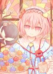  1girl absurdres black_hairband black_headwear closed_mouth clothes_hanger commentary_request flower frilled_hairband frills hairband heart highres komeiji_satori looking_at_viewer pink_eyes pink_hair ro.ro rose short_hair solo stained_glass touhou upper_body watering_can 