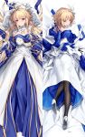  1girl archetype_earth arcueid_brunestud armpits arms_up back bare_shoulders black_gloves blonde_hair blue_skirt blush breasts cleavage dakimakura_(medium) detached_collar detached_sleeves dress fate/grand_order fate_(series) flower gloves hair_flower hair_ornament high_heels highres kousaki_rui large_breasts layered_skirt long_hair long_skirt looking_at_viewer looking_back lying on_back open_mouth parted_lips red_eyes sash short_hair skirt tsukihime very_long_hair white_dress white_gloves 
