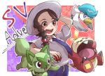  1girl :d braid brown_eyes brown_hair fuecoco hat juliana_(pokemon) kotobukkii_(yt_lvlv) necktie open_mouth pokemon pokemon_(game) pokemon_sv purple_necktie purple_shorts quaxly school_uniform shirt shorts smile sprigatito teeth upper_teeth_only uva_academy_school_uniform white_shirt 