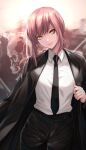  1girl black_coat black_necktie black_pants chainsaw_man coat coat_on_shoulders commentary_request cowboy_shot highres long_hair makima_(chainsaw_man) necktie pants partial_commentary pink_hair re_(re_09) revision shirt sidelocks solo standing white_shirt yellow_eyes 
