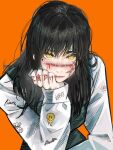  black_hair chainsaw_man expressionless fourth_east_high_school_uniform highres lianng lip_piercing long_hair looking_at_viewer messy_hair mitaka_asa orange_background piercing scar scar_on_face school_uniform simple_background yellow_eyes yoru_(chainsaw_man) 