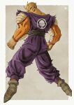  1boy alien antennae boots brown_footwear clenched_hands dragon_ball dragon_ball_super dragon_ball_super_super_hero facing_away full_body highres jumpsuit kakeru_(dbskakeru) looking_at_viewer looking_back namekian orange_piccolo piccolo pointy_ears purple_jumpsuit simple_background sleeveless solo toriyama_akira_(style) 