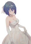  1girl alice_gear_aegis bare_shoulders blue_hair bow breasts choker cleavage closed_eyes commentary dress elbow_gloves gloves hair_bow hair_ornament hairclip highres large_breasts long_dress mia_viosin pinakes short_hair simple_background skirt_hold sleeveless sleeveless_dress smile solo strapless strapless_dress wedding_dress white_background white_choker white_dress white_gloves 