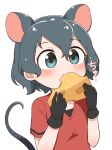  1girl animal_ears black_gloves black_hair blue_eyes cheese chis_(js60216) commentary eating food gloves highres holding holding_food kaban_(kemono_friends) kemono_friends kemonomimi_mode looking_to_the_side mouse_ears mouse_tail red_shirt shirt short_hair short_sleeves simple_background solo tail translated upper_body white_background 
