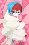  1girl alternate_color artist_name azuma_shima backpack bag blue_hair glasses highres holding holding_poke_ball hood hoodie multicolored_hair penny_(pokemon) pink_background poke_ball poke_ball_(basic) pokemon pokemon_(game) pokemon_masters_ex red_hair round_eyewear solo sweater two-tone_hair 