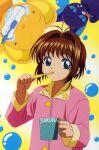  1girl brown_hair bubble cardcaptor_sakura character_name child green_eyes highres holding holding_toothbrush kero kinomoto_sakura moon official_art pajamas pink_pajamas short_hair star_(symbol) suppi teeth toothbrush toothbrush_in_mouth 