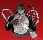  1boy abs bara bare_pectorals blood blood_on_chest blood_on_face blood_on_pectorals caiman_(dorohedoro) cropped_legs dorohedoro guided_pectoral_grab hood hood_up hooded_jacket jacket large_pectorals looking_at_viewer male_focus mature_male muscular muscular_male navel nipples pectorals poopvirus red_background sanpaku seductive_smile short_hair sideburns smile solo_focus spoilers stomach sweatdrop thick_eyebrows 