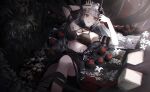  1girl apple arknights armlet bikini black_bikini black_horns breasts chinese_commentary chromatic_aberration commentary demon_horns feet_out_of_frame flower food fruit hair_flower hair_ornament highres holding holding_food holding_fruit horns infection_monitor_(arknights) kotowaza large_breasts light_particles long_hair looking_at_viewer lying mudrock_(arknights) mudrock_(silent_night)_(arknights) official_alternate_costume on_back oripathy_lesion_(arknights) parted_lips red_eyes solo swimsuit war_hammer weapon white_hair 