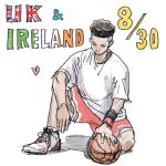  1boy basketball black_hair black_wristband buzz_cut dated english_text heart highres inoue_takehiko irish_flag male_focus miyagi_ryouta official_art shirt shoes short_hair shorts slam_dunk_(series) sneakers solo union_jack very_short_hair 