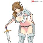  1girl alternate_costume armor bikini_armor braid braided_ponytail breasts brown_hair charlotte_(fire_emblem) charlotte_(fire_emblem)_(cosplay) cleavage cosplay cowboy_shot fire_emblem fire_emblem_engage fire_emblem_fates goldmary_(fire_emblem) hair_ornament hair_ribbon hand_on_own_hip hayato_stuff highres hip_armor large_breasts leaning_forward long_hair looking_at_viewer low_ponytail mole mole_on_breast navel panties patreon_logo patreon_username pauldrons planted planted_sword ribbon shoulder_armor smile solo standing sword underwear weapon white_background white_panties white_ribbon yellow_eyes 