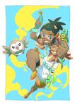  1boy alternate_costume aqua_background arms_up border brown_jacket collarbone commentary dark-skinned_male dark_skin goggles green_hair grin hau_(pokemon) highres holding holding_water_gun jacket knees male_focus open_clothes open_jacket orange_footwear pkpokopoko3 pokemon pokemon_(creature) pokemon_(game) pokemon_sm rowlet shirt shoes short_hair short_ponytail shorts smile symbol-only_commentary teeth water_gun white_border white_shirt white_shorts wrist_cuffs 