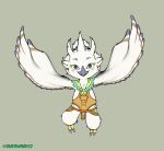  avian beak claws clothed clothing feathers fluffy flying grey_beak hi_res male markings nintendo rito shaded sherwind52 simple_background smile solo spread_wings the_legend_of_zelda tulin_(zelda) white_body white_feathers wings 