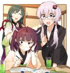  +_+ 3girls ^_^ absurdres ahoge alternate_costume arm_support black_suit blade blush border brown_hair closed_eyes collared_shirt commentary_request commission confused drink drinking_straw formal glasses green_hair grimace hair_ornament hairband hand_on_own_head headgear highres holding holding_pencil holding_tray homework index_finger_raised indoors japanese_clothes kimono konori_(ahurerukuiizi) leaning_forward leaning_on_table light_purple_hair long_hair looking_at_another multiple_girls nervous nervous_smile notebook open_mouth outside_border pencil pencil_case popped_collar purple_eyes raised_eyebrow red_eyes shirt short_hair short_hair_with_long_locks skeb_commission smile suit sweat sweatdrop table tasuki textbook touhoku_kiritan touhoku_zunko tray tutor twintails uneven_eyes v-shaped_eyebrows vocaloid voiceroid white_border white_kimono white_shirt wide_sleeves yellow_hairband yuzuki_yukari 
