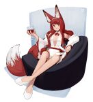  absurdres animal_ears bow bowtie breasts collar commentary copyright_request cup drinking_glass english_commentary fox_ears fox_girl fox_tail highres holding holding_cup jacket kart_prowler leotard long_hair looking_at_viewer medium_breasts nontraditional_playboy_bunny off_shoulder open_clothes open_jacket red_bow red_bowtie red_hair sideboob sidelocks sitting tail very_long_hair white_collar white_footwear white_jacket white_leotard wine_glass 