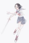  1girl bare_arms black_hair full_body grey_skirt highres holding holding_sword holding_weapon ksnnw_k kumagai_yuuko looking_at_viewer miniskirt neckerchief open_mouth outstretched_arms parted_hair red_footwear red_neckerchief school_uniform serafuku shoes short_hair short_sleeves simple_background skirt smile sneakers solo sword unsheathed weapon white_background world_trigger 