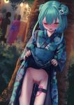  1girl blue_hair censored double_bun flat_chest gradient_hair green_hair hair_bun hair_ornament highres hololive japanese_clothes lifted_by_self mosaic_censoring multicolored_hair one_eye_closed open_mouth red_eyes roke_(taikodon) short_hair skull_hair_ornament solo thigh_strap uruha_rushia virtual_youtuber 