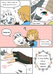 &lt;3 anthro avian blonde_hair blush clothed clothing comic demanding duo english_text fchicken feather_hands feathers hair hi_res humanoid humanoid_pointy_ears hylian link nintendo petting_head rito shy smile speech_bubble tears_of_the_kingdom text the_legend_of_zelda tulin_(tloz) white_body 