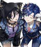  2boys :p ;p animal_hood aqua_eyes astel_leda belt black_belt black_collar black_hair black_jacket blonde_hair blue_hair blue_jacket blue_pants cat_hood collar cowboy_shot denim denim_shorts dojikko_pose earrings gloves hair_between_eyes hair_ornament hairclip hand_up highres holostars hood hood_up jacket jewelry kanade_izuru kisi_hana lapels leaning_forward lightning_bolt_hair_ornament lightning_bolt_symbol long_bangs looking_at_viewer male_focus multicolored_hair multiple_boys necktie notched_lapels one_eye_closed open_clothes open_jacket padded_jacket pants purple_eyes purple_shirt red_necktie shirt short_hair short_shorts shorts simple_background spiked_collar spikes streaked_hair swept_bangs tehepero tongue tongue_out virtual_youtuber white_background white_gloves white_shirt 