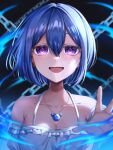  1girl blue_hair chain dress gillian_littner higyaku_no_noel jewelry light_blue_hair necklace off-shoulder_dress off_shoulder short_hair smile solo white_dress 