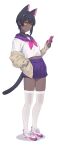  1girl animal_ears black_hair blush cat_ears cat_tail cellphone collar dark-skinned_female dark_skin fiodo hand_in_pocket highres holding holding_phone original phone purple_sailor_collar purple_skirt sailor_collar skirt smartphone tail thighhighs white_thighhighs yellow_eyes 