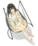  1girl bare_legs barefoot black_hair brown_eyes chair closed_mouth eyelashes feet fukukitaru full_body hair_ornament hairclip highres jacket knees_together_feet_apart legs long_sleeves looking_at_viewer off_shoulder open_clothes open_jacket original short_sleeves sidelocks sitting smile soles solo thighs toenails toes 