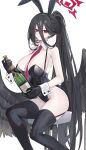  1girl animal_ears black_gloves black_hair black_leotard black_thighhighs black_wings blue_archive blush bottle breasts detached_collar echj fake_animal_ears feathered_wings gloves hair_between_eyes halo hasumi_(blue_archive) highres holding holding_bottle large_breasts leotard long_hair mole mole_under_eye necktie playboy_bunny rabbit_ears red_halo red_necktie simple_background sitting solo sweatdrop thighhighs thighs white_background wine_bottle wings 