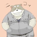  2023 anthro belly big_belly black_nose bottomwear clothing domestic_cat eyes_closed felid feline felis japanese_text kemono male mammal overweight overweight_male pants shirt simple_background smile solo text topwear toshi_(artist) 