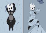  anthro arthropod bed big_breasts black_eyes blue_background bodily_fluids breasts dakimakura_design empty_eyes featureless_feet female furniture hand_behind_head hi_res hollow_knight insect king_of_sorrow_(artist) looking_at_viewer looking_back looking_back_at_viewer lying mouthless on_back on_bed on_front pillow simple_background solo team_cherry tears thick_thighs vessel_(species) white_body wide_hips 