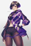  1girl absurdres artist_name black_gloves black_shorts brown_pantyhose cowboy_shot fingerless_gloves gloves grey_background grin hand_on_own_hip highres jacket long_sleeves looking_at_viewer navel pantyhose purple_eyes purple_hair purple_jacket reina_(tekken) short_hair shorts smile solo stomach teeth tekken tekken_8 tsurime twitter_username zero-go 