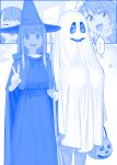  ... 4girls ai-chan&#039;s_sister_(tawawa) ai-chan_(tawawa) blue_theme blush_stickers breasts broom candy commentary_request food getsuyoubi_no_tawawa halloween_bucket halloween_costume hat highres himura_kiseki large_breasts multiple_girls open_mouth spoken_ellipsis trick_or_treat v volley-bu-chan_(tawawa) witch_hat 
