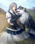  1girl blue_vest dress fangs final_fantasy final_fantasy_xvi gloves grass grey_hair grey_wolf highres jill_warrick leather_vest neck_ribbon one_eye_closed open_mouth petting ribbon single_glove sitting smile torgal_(ff16) vest wolf yolie 