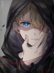  1boy absurdres black_hood black_hoodie black_jacket blonde_hair blue_eyes closed_mouth commentary drawstring grey_background hair_over_one_eye hand_to_own_face hand_up highres hood hood_up hooded_jacket hoodie hoshino_aquamarine jacket long_sleeves looking_at_viewer male_focus oshi_no_ko portrait ryuu_gorou serious shaded_face short_hair signature solo star-shaped_pupils star_(symbol) straight-on string string_of_fate symbol-shaped_pupils 