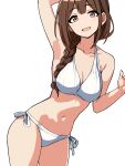  1girl absurdres arm_up bikini braid breasts brown_eyes brown_hair collarbone cropped_legs dutch_angle highres hikari_(hikaring3120) idolmaster idolmaster_shiny_colors kuwayama_chiyuki looking_at_viewer navel open_mouth side-tie_bikini_bottom simple_background solo standing swimsuit white_background white_bikini 