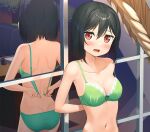  1girl apollo_(hu_maple) black_hair blush bra breasts fang highres looking_at_viewer love_live! love_live!_nijigasaki_high_school_idol_club medium_breasts mifune_shioriko navel open_mouth panties red_eyes reflection solo underwear undressing window 