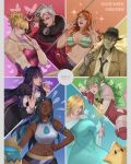  2boys 6+girls bare_shoulders bayonetta_(series) bikini bikini_top_only black_dress black_hair black_necktie blonde_hair blue_dress blue_eyes breasts breasts_apart closed_eyes color_wheel_challenge crossdressing drednaw dress eyepatch eyewear_on_head fallout_(series) fallout_4 fire_emblem goromi green_eyes gun hair_over_one_eye hat highres holding holding_gun holding_weapon jeanne_(bayonetta) juliet_sleeves large_breasts long_sleeves majima_goro mario_(series) midriff multicolored_hair multiple_boys multiple_drawing_challenge multiple_girls muscular nami_(one_piece) navel necktie nessa_(pokemon) nick_valentine open_mouth orange_hair panty_&amp;_stocking_with_garterbelt pink_dress pointy_ears pokemon pokemon_(creature) pokemon_(game) pokemon_swsh puffy_sleeves purple_hair purple_nails rani_ki red-framed_eyewear rosalina ryuu_ga_gotoku_(film) shirt smile smoking star_(symbol) stocking_(psg) streaked_hair super_mario_galaxy swimsuit tankini tiki_(fire_emblem) twitter_username weapon white_hair white_shirt yellow_eyes 