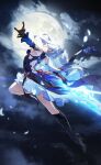  1girl absurdres bare_shoulders black_gloves blue_sleeves boots cloud dan_(user_12458614) detached_sleeves full_moon gloves high_ponytail highres holding holding_sword holding_weapon honkai:_star_rail honkai_(series) jingliu_(honkai:_star_rail) long_hair moon night night_sky petals ponytail red_eyes sky sword weapon white_hair 