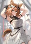  1girl animal_ear_fluff animal_ears arknights arm_strap armpits arms_up bare_arms bare_shoulders belt black_belt breasts brown_hair commentary_request dress flower grey_eyes hair_flower hair_ornament highres looking_at_viewer rose short_hair solo sora_mame_(princess_0sora) tail vendela_(arknights) white_dress white_flower white_rose 