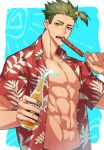  1boy achilles_(fate) bare_pectorals beer_bottle blue_background border bottle brown_eyes collarbone corona_(brand) fate/grand_order fate_(series) food grey_hair haruakira hawaiian_shirt highres holding holding_bottle holding_food holding_skewer hot_dog imminent_bite ketchup male_focus muscular muscular_male one_side_up open_clothes open_mouth open_shirt pectorals shirt short_hair skewer solo teeth undercut upper_body white_border 