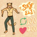  anthro art_meme blush breaking_the_fourth_wall clothed clothing digital_media_(artwork) eli_(solarlewds) english_text felid feline fur hi_res male mammal meme multicolored_body multicolored_fur partially_clothed shirtless simple_background solarlewds solo text twitter yellow_body yellow_fur 
